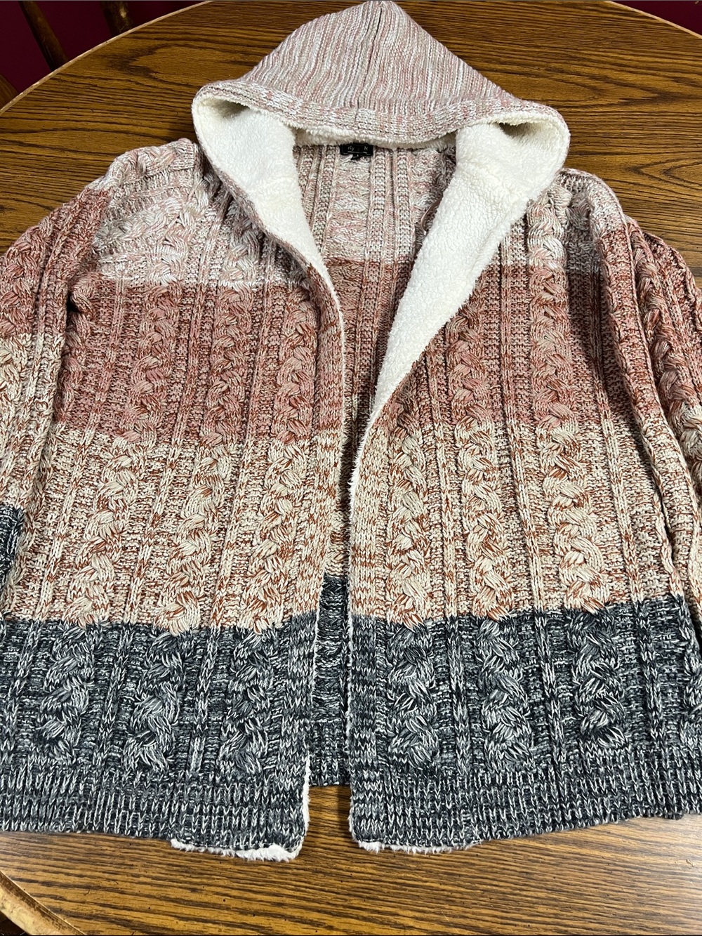 Gradient Hooded Cable Knit Cardigan - Blush, Cream & Gray